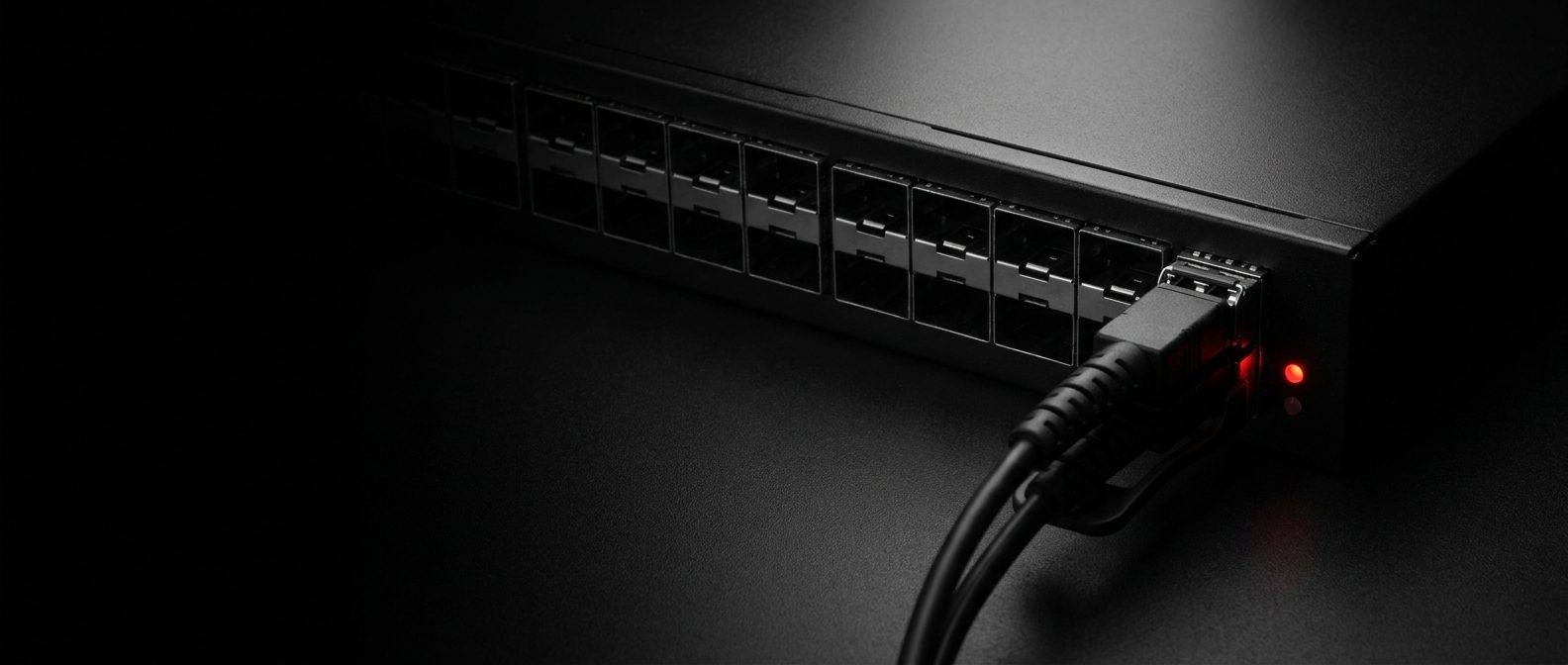 A 1U carrier switch with one seated transceiver and a red port LED among empty QSFP-DD cages