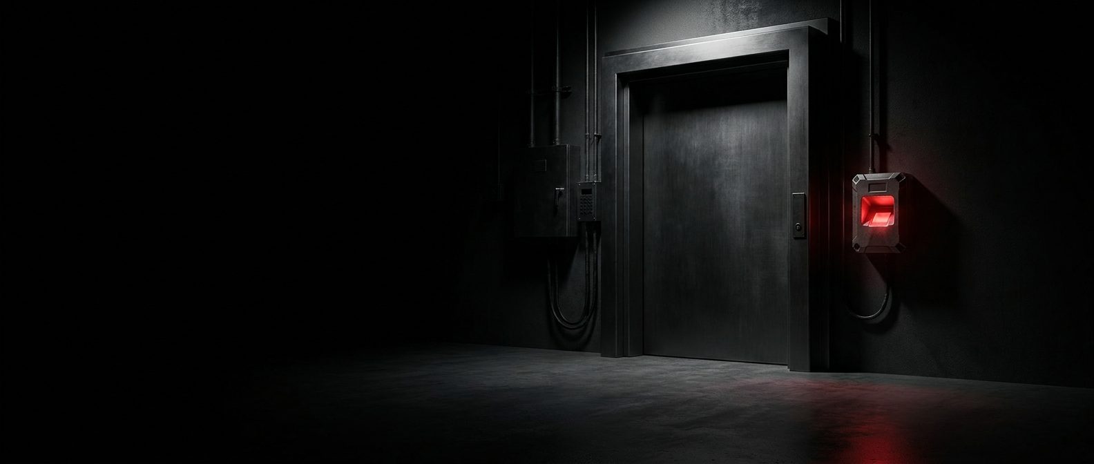 Data center mantrap portal with a red biometric scanner